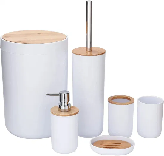 Luxury American Household 6 Pieces Modern Bamboo Lid Plastic Washroom Bathroom Accessories